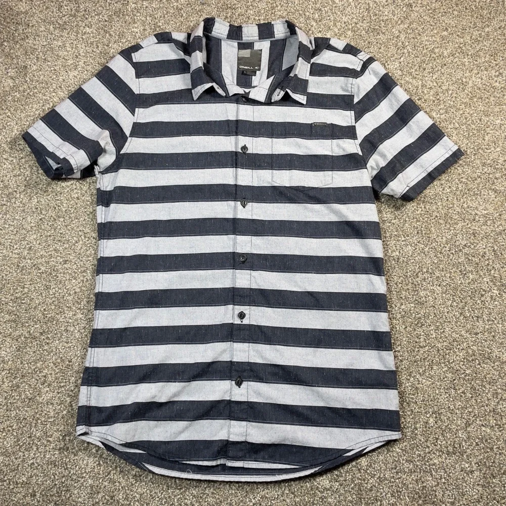 O'Neill Button Up Shirt Mens Large Striped‎ Short Sleeve Casual Surf Gray Black
